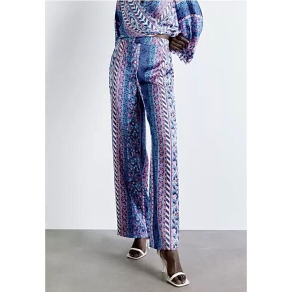 NWT Zara Satin Effect High Waisted Wide Leg Printed Pants, Size Medium - Picture 2 of 16